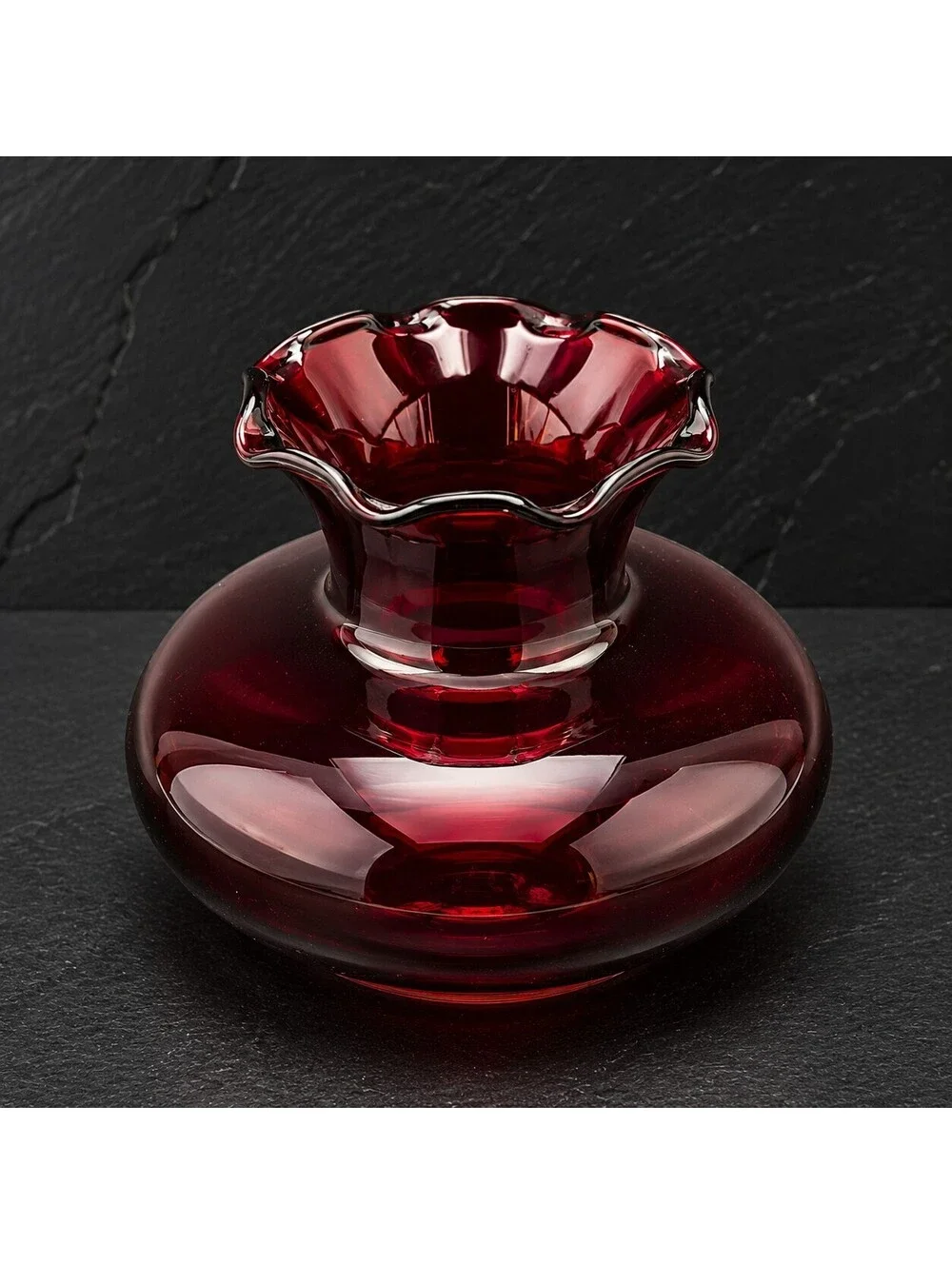 Vintage Ruby Red Art Glass Vase Ruffled Rim Bulbous Bud Vase 4